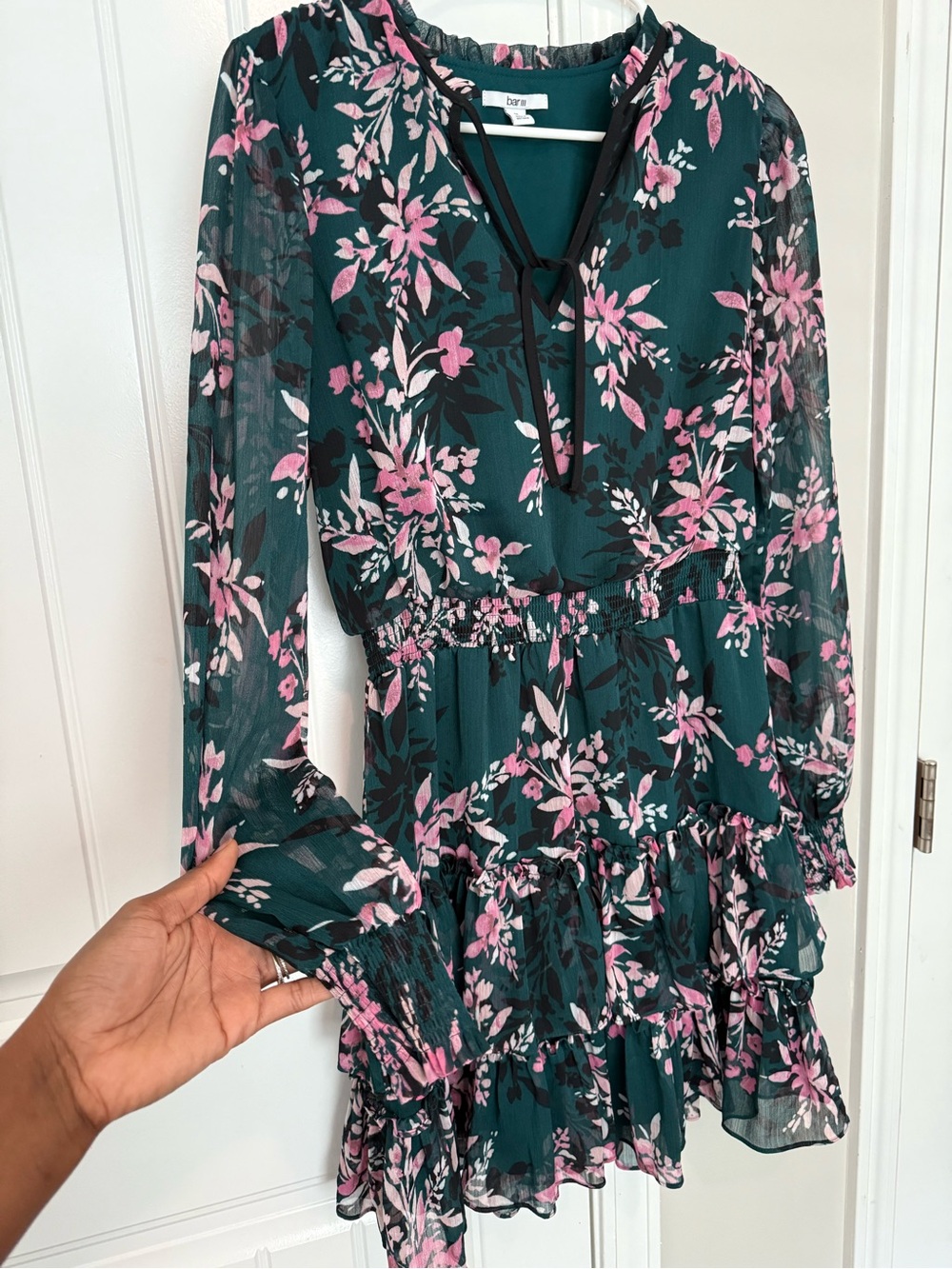 Bar III Green Floral Long-Sleeve Ruffle Dress